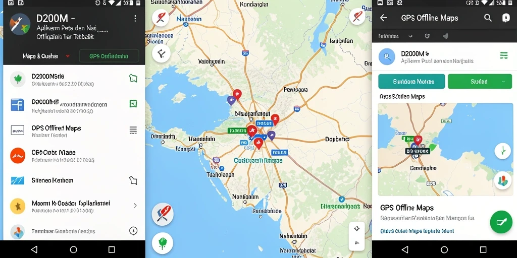 Screenshot utama D200M menampilkan antarmuka GPS Offline Maps yang intuitif dan navigasi yang mudah.