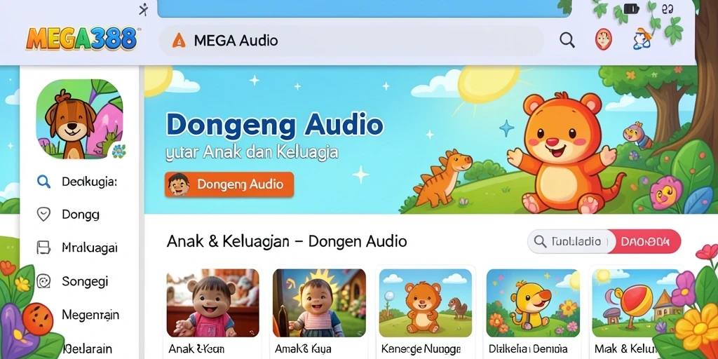 Tampilan antarmuka MEGA388 dengan koleksi dongeng audio.