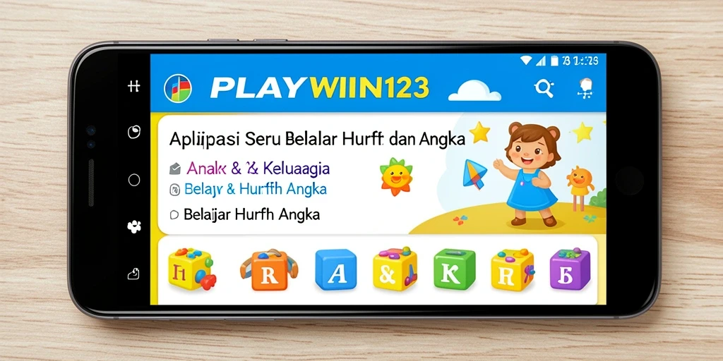 Antarmuka edukatif PLAYWIN123 untuk belajar huruf dan angka.